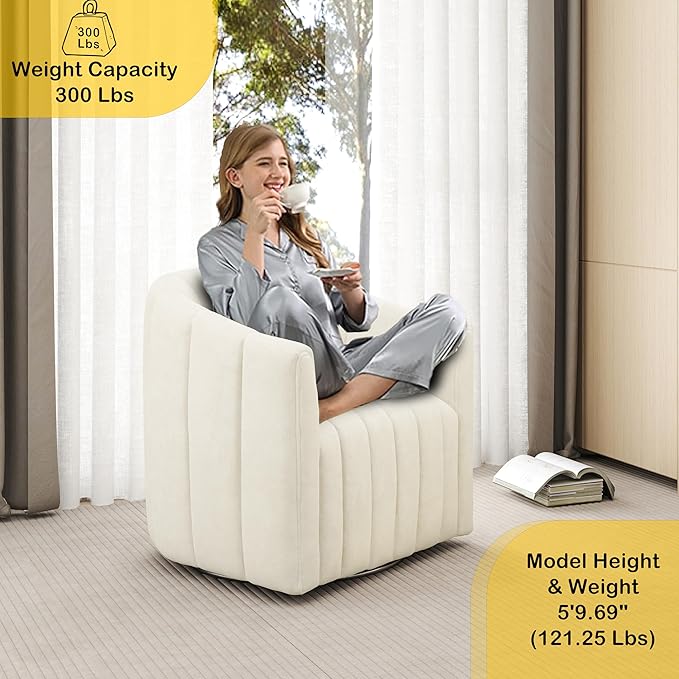 Swivel Accent Chair Velvet Barrel Arm Chair for Living Room Pumpkin Shaped Curved Chair with Metal Base for Bedroom Balcony Study Room（Beige White Set of 2）