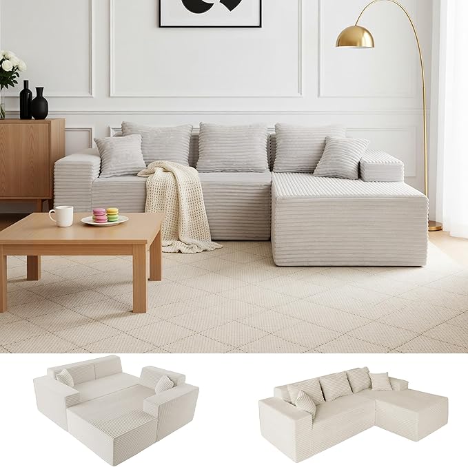 Claiks 104 Boneless Couch Cloud Couch Sectional L-Shape Corduroy Modular Sectional Sofa Deep Seat Upholstered Couches for Living Room No Assembly Required Beige Right Facing Chaise