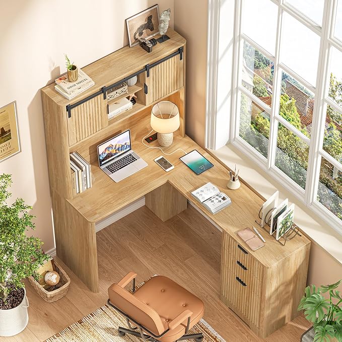 68 L Shaped Fluted Desk with HutchOffice Table with 3 Drawers and Sliding Doors Executive Desk with File Drawers and Charging StationLight Strips Wood Workstation for Home OfficeOak
