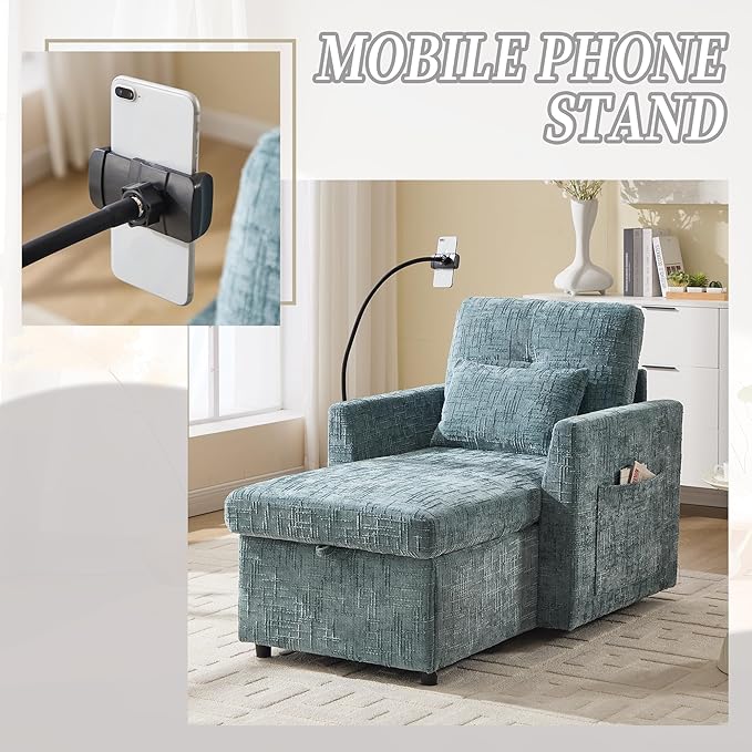Multifunctional Recliner Sofa Chair with Storage Phone Holder &amp Adjustable Backrest Chenille Fabric Single Leisure Chair for Living Room Bedroom Small Spaces (Lake Blue)
