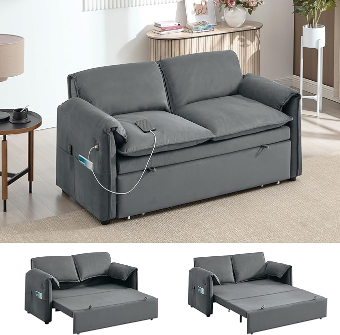 63 Velvet Pull Out Sofa Bed 3-in-1 Convertible Futon Loveseat Queen Sleeper Sofa Couch Bed with Adjustable Backrest USB Ports &amp Side Pockets Modern Sofas for Living Room Apartment Light Grey