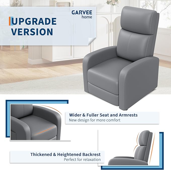 Recliner Chair Lazy Recliner Sofa for Adults Adjustable PU Leather Single Chair with Tall Back Wide Arms &amp Side Pocket Padded Home Theate Living Room Seating