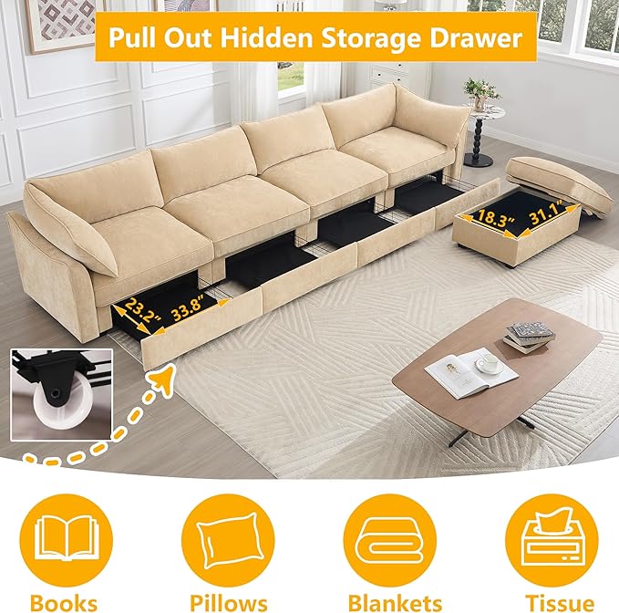 Aoowow Modular Sectional Sofa with Pullout Storage Seat 146.4” L-Shaped Chenille 4-Seat Sofa Couch with Storage Ottoman Upholstered Deep Couches for Living Room Apartment OfficeWheat