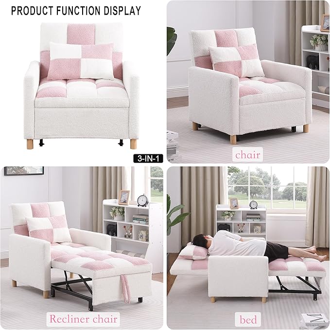 Sleeper Chair Bed Multi-Functional Convertible Chair Sleeper Teddy Fabric Adjustable Single Pull Out Sofa Bed with Lumbar for Apartment BedroomOfficeLiving Room (Beige&ampPink)