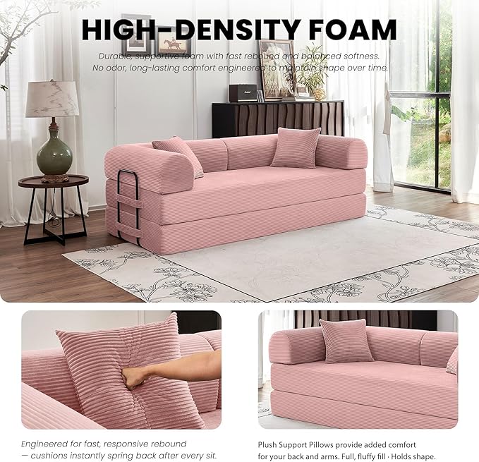79 Convertible Sofa Bed 5-in-1 Modular Folding Boneless Couch Pull Out Floor Sleeper Cozy Lounger for Living Room or Bedroom Multi-Purpose Foldable Sofa (Pink)