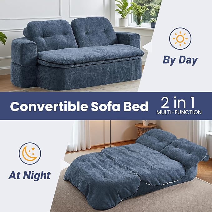 78.74 Convertible Sofa Bed Folding Loveseat Sleeper Sofa 2 in 1 Chenille Floor Couch Bed Foam Compressed Sofa with Pillows &amp Blanket for Living Room Apartment Studio Office (Dark Blue)