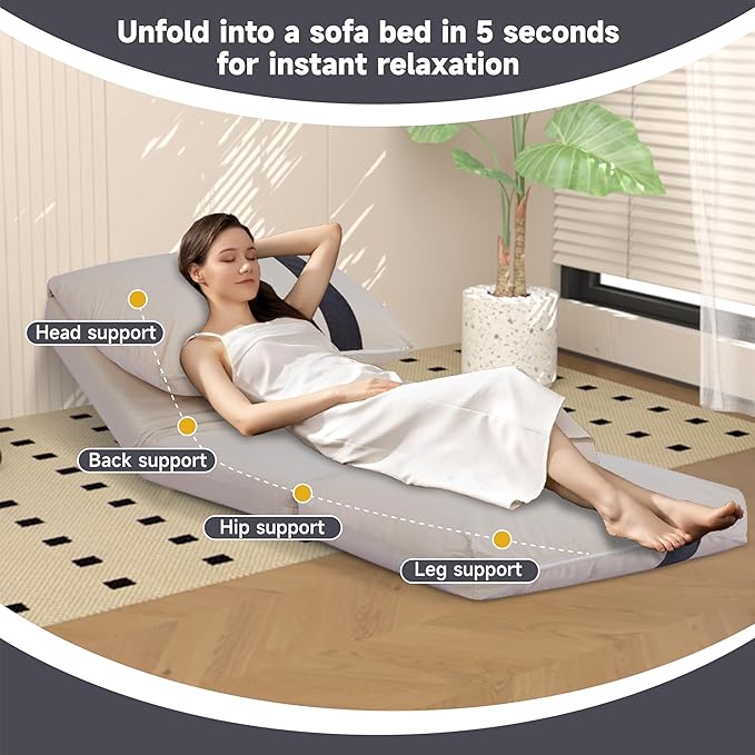 Folding Sofa Bed Human Dog Bed for Adult with 6-Position Adjustable Backrest Metal Frame &amp Handle Lazy Floor Lounger for Living Room Bedroom Apartment Beige