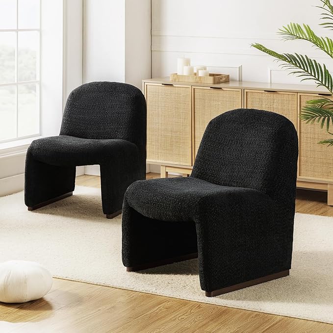 HULALA HOME Modern Accent Chair Set of 2 Upholstered Side Chair with Solid Wood Legs Streamlined Armless Slipper Chair with Curved Seat Bedroom Living Room Chair for Adults (Black)