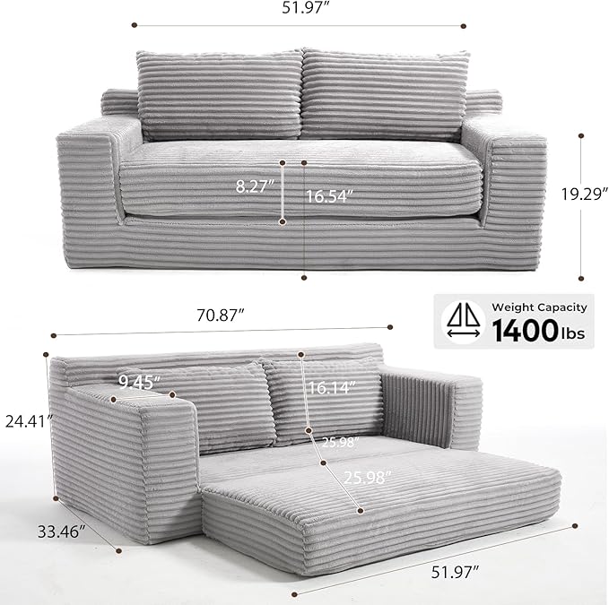 70.87 W Memory Foam Cloud Loveseat Sofa 2 in 1 Convertible Folding Couch Bed No Assembly Compressed Corduroy Floor Lounge Sofa for Apartment Office Bedroom Living Room Small Spaces