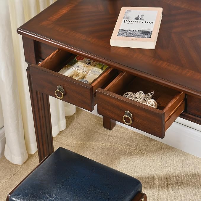 Solid Wood Writing Desk Home Office Desks with 2 Storage Drawers 31.5 Mid-Century Modern Walnut Tables Secretary Desk for Home Office Easy Assembly Vanity Desk Study Table Station SSZD1258