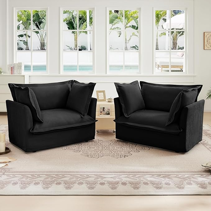 Aoowow Oversized Modular Sectional Sofa Chair Set of 2 49” Chenille Fabric Single Armchair Comfy Deep Seat Couch Sofa with Big Toss Pillows for Living Room Apartment Office(Black-Chenille)