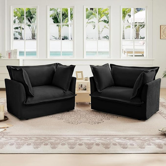 Aoowow Oversized Modular Sectional Sofa Chair Set of 2 49” Chenille Fabric Single Armchair Comfy Deep Seat Couch Sofa with Big Toss Pillows for Living Room Apartment Office(Black-Chenille)