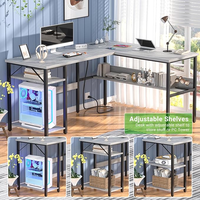 Unikito L Shaped Computer Desk with Magic Power Outlets and USB Charging Ports Sturdy Reversible Corner Desk with Storage Shelves Modern Work Desk for Home Office Easy to Assemble White Oak