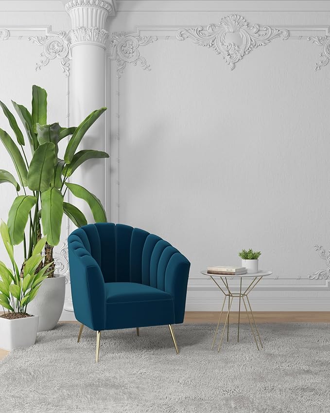 Manhattan Comfort Rosemont Velvet Accent Armchair Scalloped Chair with Mid-Century Modern Shell-Style with Wraparound Back Vertical Channeling Ideal for Living Room Use Set of 1 Blue