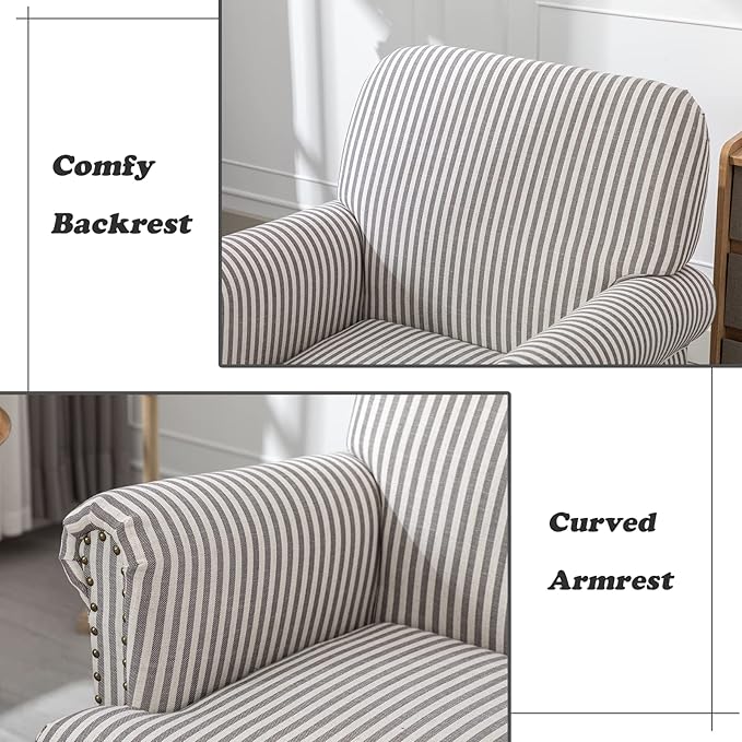 Linen Accent Chairs Set of 2 Mid-Century Modern Living Room Armchair with Nailhead Trim &amp Wood Legs Comfy Upholstered Single Sofa Chair for Lounge/Bedroom/Reception Black Stripe