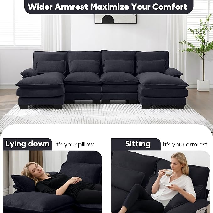 U Shape Sectional Sofa Cloud Couch Modern Chenille Comfy Modular Sofa 4 Seat Upholstery Sleeper Sofa with Double Chaise for Living Room Bedroom Black