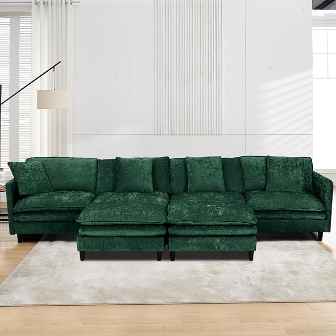 Sectional Sofa Modular Deep Seat Sofa Couch with Ottoman 143'' Chenille Sofa Sleeper Comfy Upholstered Furniture for Living Room Apartment Studio Office (Green 143.31- U Shape)
