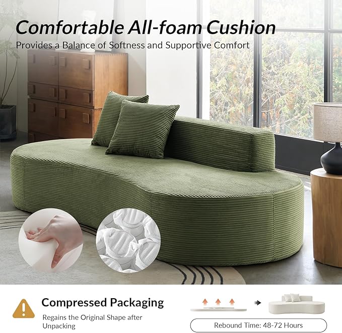 94.5 Modern Curved Sofa 3-Seater Comfy Foam Couch with 2 Pillows Frameless &amp No Assembly Required Cloud Couch for Living Room Green