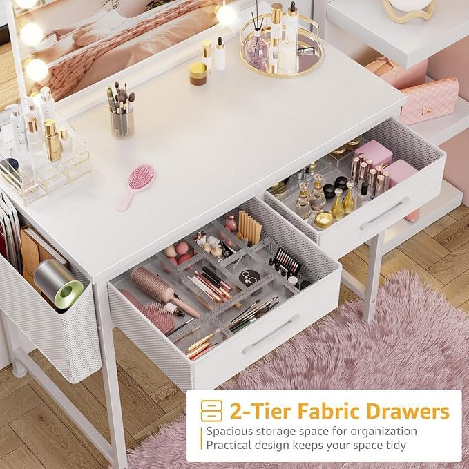 DLisiting White Desk with Storage Drawers - 39 Inch Small Computer Desk with Drawers for Bedroom Home Office Study Writing Vanity Table Without Mirror for Girls Small Spaces