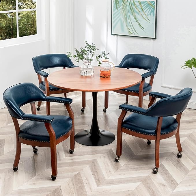 Convenience Concepts Take a Seat Dillon Armchair with Wheels in Blue Vegan Leather Fabric and Wood