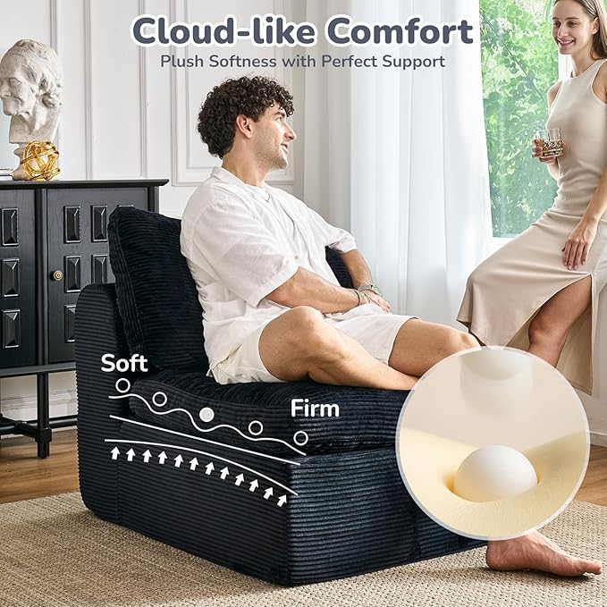 108 Cloud Sectional Couches for Living Room Convertible L-Shape Boneless Couch with Ottoman 3 Seater Modular Cloud Sofa with Deep Seat (Black 3 Seater + 1 Ottoman)