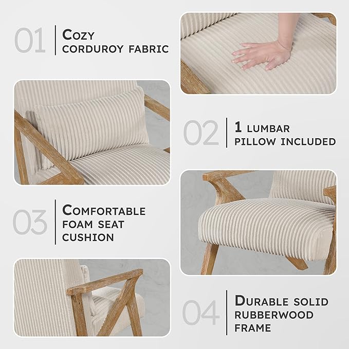Lexicon Mid Century Modern Accent-Chair with Lumbar Pillow Brown Solid Wood Frame Comfy Corduroy Upholstered Lounge Arm Chair for Living Room/Bedroom/Office/Reading Nook Assembly Required Beige