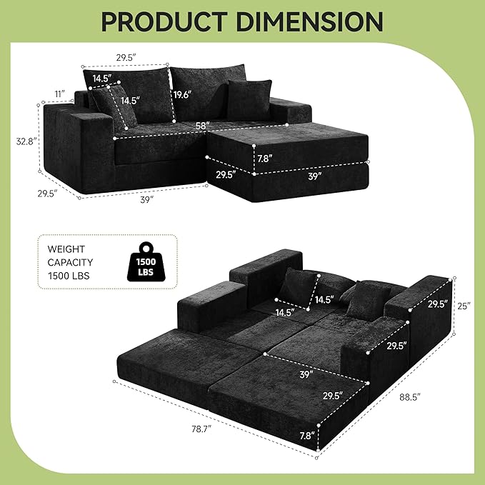 79 Boneless Loveseat Sofa Couch Modular Foldable Floor Cloud Sofa with Ottoman Lounge Convertible Sofa Bed for Living Room No Assembly Chenille Black