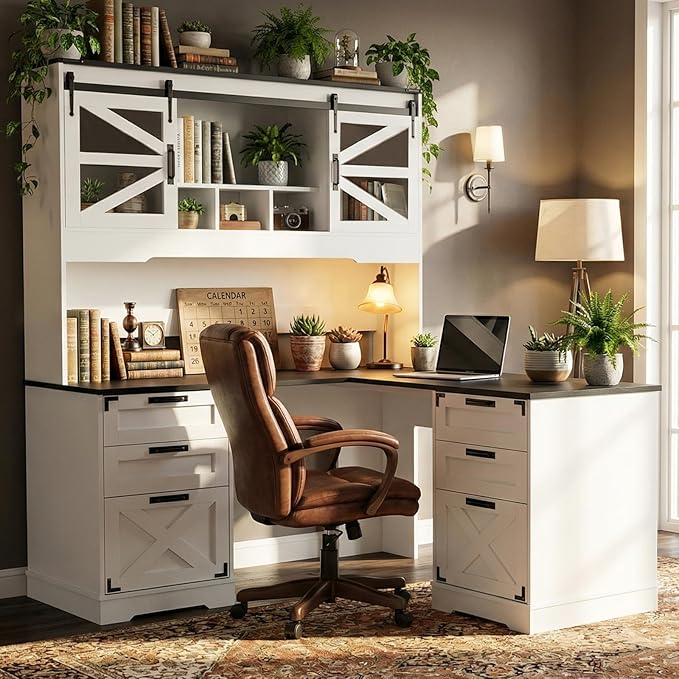 VOWNER 57 Farmhouse L Shaped Desk with Hutch Executive Desk with Charging Station Home Office Desk with Sliding Doors and File Cabinet Wood Corner Computer Desk with Drawers for Home Office White