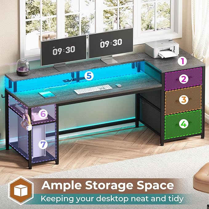 SEDETA 59 Office Desk with File Drawers Reversible Computer Gaming Desk with Storage LED Lights &amp Power Outlet Home Office Desks for Printer Grey
