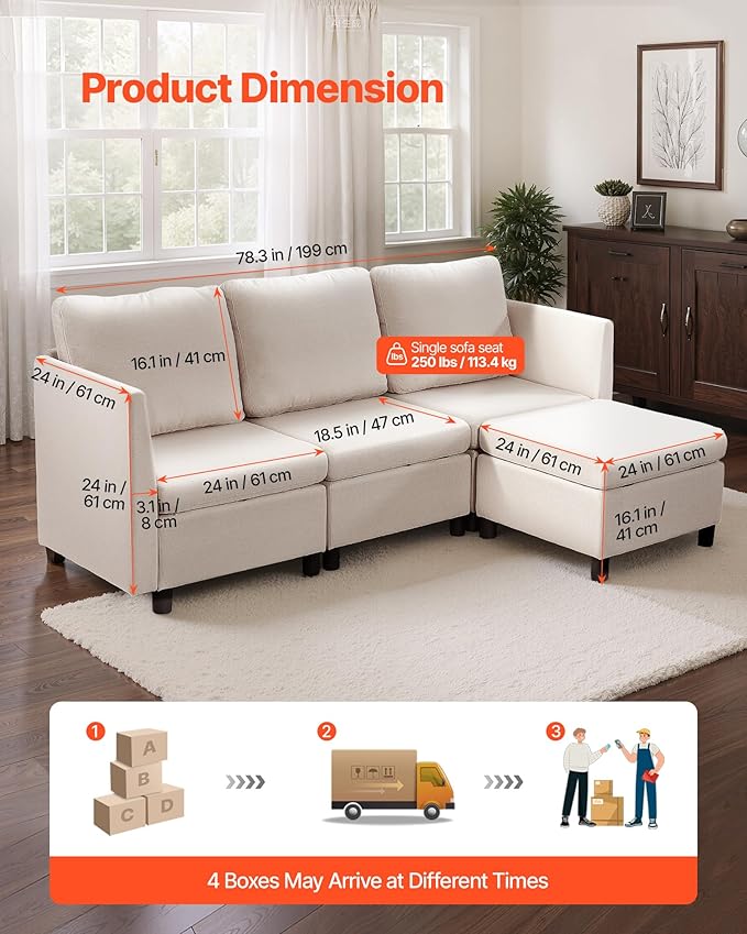 VEVOR Modular Sectional Sofa 3-Seater Modular Sofa with Hidden Storage Customizable Cloud Sectional Couch with Ottoman Solid Wood Frame Upholstered Couch for Living Room Bedroom Beige