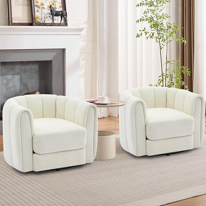 Garvee Ultra-Plush Swivel Accent Chair 360° Barrel Lounge Chair with Cloud-Like Padding &amp Modern Striped Backrest Velvet Upholstered Round Armchair for Living (2 Teddy Fleece | Beige)