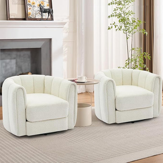 Garvee Ultra-Plush Swivel Accent Chair 360° Barrel Lounge Chair with Cloud-Like Padding &amp Modern Striped Backrest Velvet Upholstered Round Armchair for Living (2 Teddy Fleece | Beige)