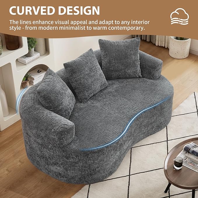 64 Small Loveseat Sofa Mordern Curved Chenille Couch with 3 PillowsNo Assembly Needed Comfy Cloud Loveseat Couch for Small SpacesLiving Room Apartment Full Compression Sponge (Grey 64 Inch)