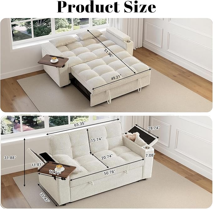 Rovibek 65'' Convertible Sleeper Sofa Bed 3-in-1 Pull Out Couch with 360° Swivel Side Table Adjustable Backrest Loveseat Sleeper with Charging Port | Side Pocket | Cup Holders White