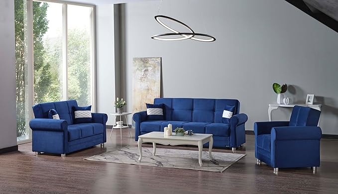 Sweet Home Stores 61 Loveseat with Storage Firm Fabric 2 Seater Convertible Small Sleeper Couch Bed for Living Room or Home Office Blue