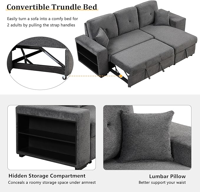 Flieks Reversible Sleeper Sectional Sofa Bed with Side Shelf and 2 StoolsPull-Out L-Shaped Sofa BedCorner Sofa-Bed with Storage Chaise Left/Right Hande for Living RoomBlue Black