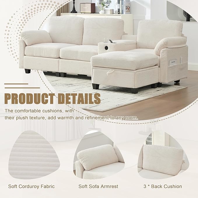 KEIKI 105 L-Shaped Oversized Corduroy Modular Sectional Sofa with 1 Ottoman and Multi Functional Console 4-Seater Upholstered Couch with USB and 2 Cup Holder Easy Assembly for Living Room Beige