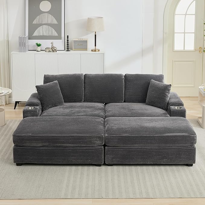 86.6 Sectional Sofa Couch with 2 Ottomans Comfy Corduroy Upholstered Cloud Modular Convertible Couch with Cup Holders and USB Armrest Storage Deep Seat Oversized Loveseat for Living Room Grey