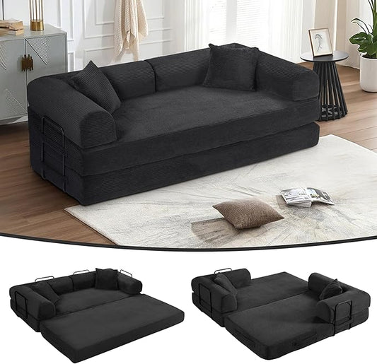 JJJ 63 inch Sofa Bed 4-in-1 Boneless Convertible Corduroy Sleeper Folding Couch with Fixed-Shape Frame and 2 Futons No Assemble Required 3 Seater Upholstered for Living Room (Black 63 inch)