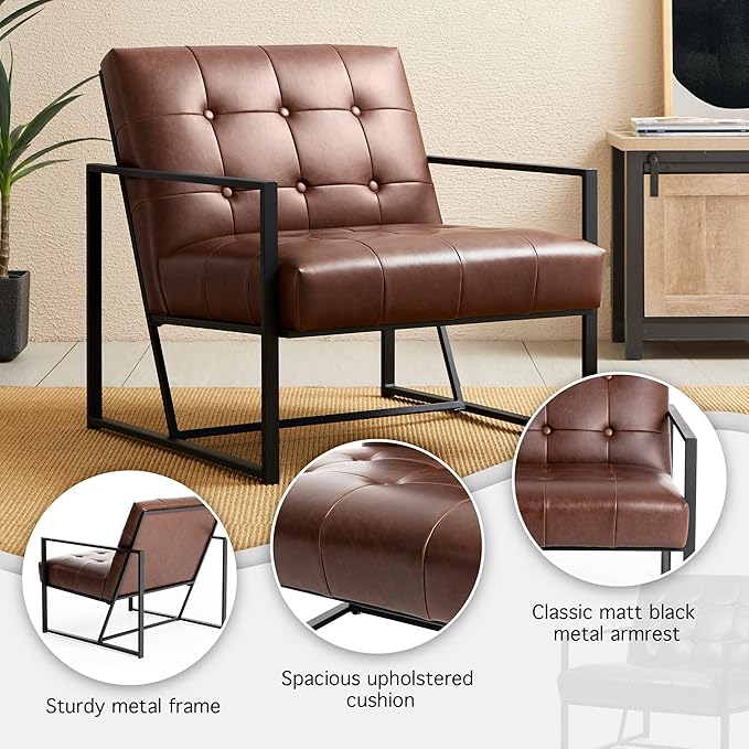 Glitzhome Accent Chairs with Ottoman Mid Century Modern Lounge Armchair with footrest with PU Leather &amp Metal Frame for Living Room Bedroom Apartment Office Brown