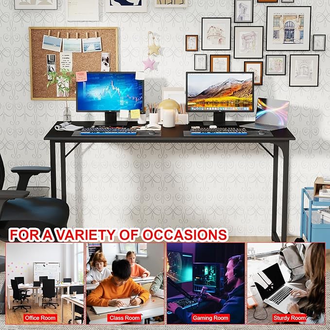 Bigacc Computer Desk Office Desk with Metal Frame Adjustable Feet | Water-Resistant Scratchproof Surface | Sturdy Writing Table for Home Office or Study (Black 55 Inch)