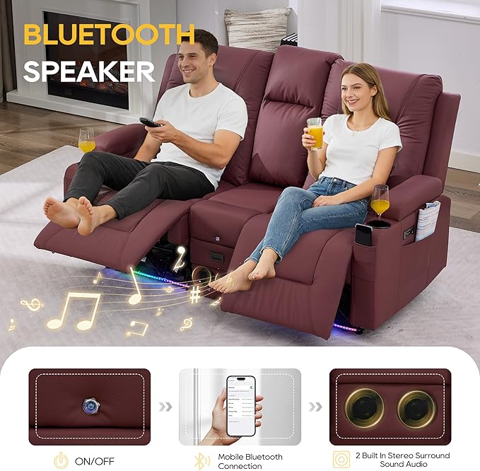 IPKIG Power Recliner Loveseat with Console Zero Wall Hugger Sofa Couch Faux Leather 2-Seater Sofa with LED Lights AC Outlets USB Ports Cup Holders Red | Storage Drawer Bluetooth Speaker Living
