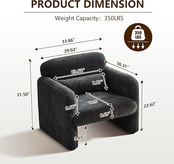33.86 Inch Velvet Single Sofa for Living RoomAccent Chair for Small Spaces Modern Upholstered Armchair with Lumbar PillowComfy Reading Chair for Bedroom (300lbs Capacity)Dark Grey