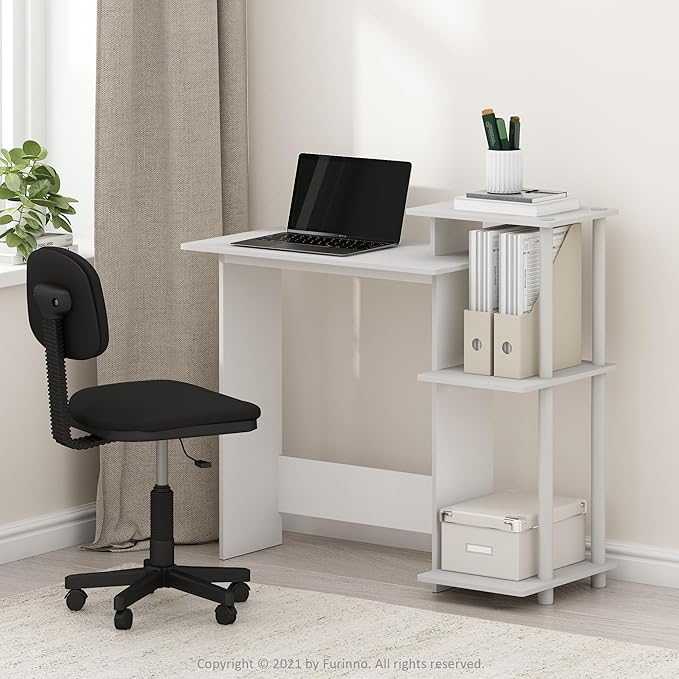 Furinno EFFICIENT Desk 28.6 Wide Gaming Desk with 3 Open Side Shelves Laptop Notebook Computer Desk Office Desk for Home Office Study Room Dorm Bedroom White