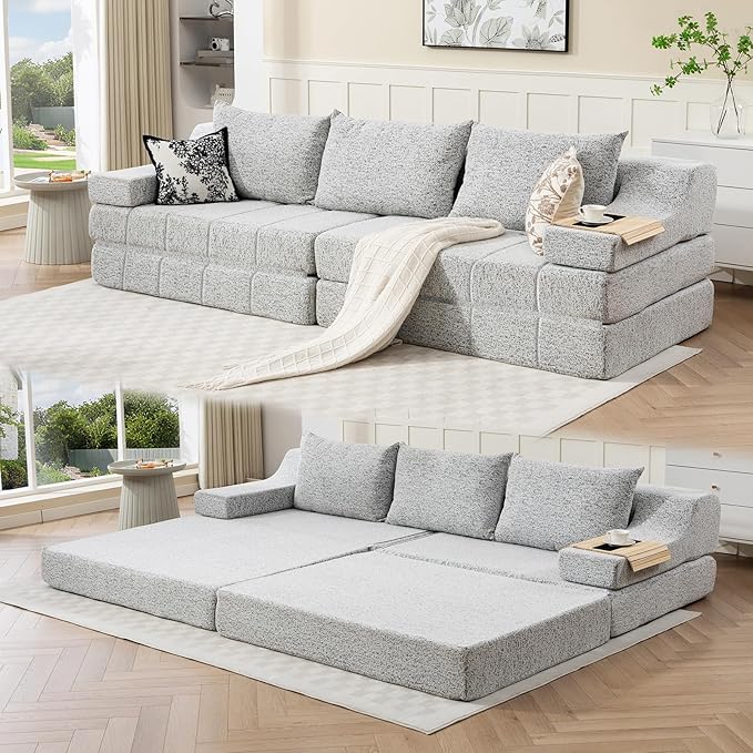 MEISSALIVVE 110.6 Convertible Sleeper Sofa Chair Folding Corduroy Armchair Adjustable Floor Sofa Bed with Removable Pillow No-Assembly Required Living Room Bedroom Apartment (Grey