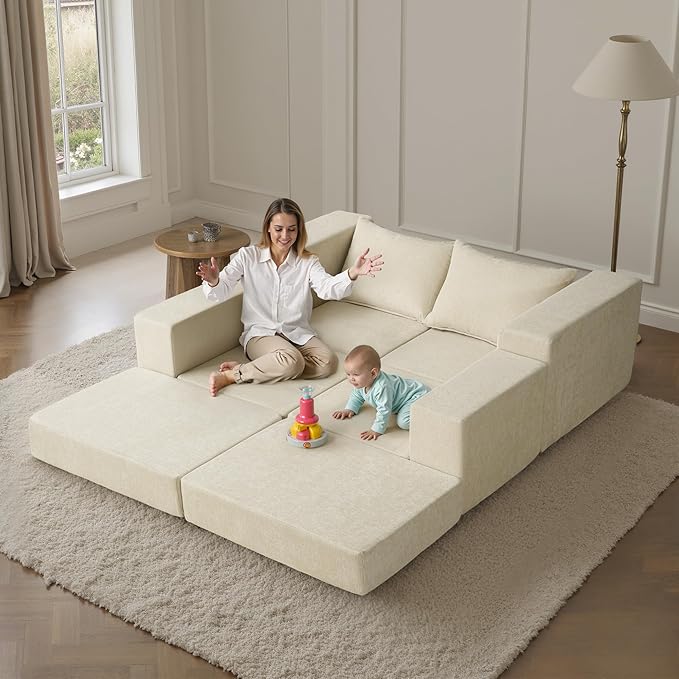 Modular Sectional Sofa with Convertible Sleeper Chenille Fabric 2-in-1 Couch Bed with Reversible Chaise Adjustable Modular Sofas for Living Room Beige