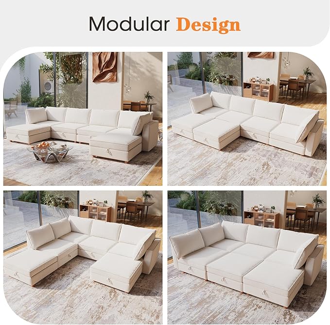 128 6 Seat Modular Sectional Sofa with Storage Sturdy Solid Wood Structure Modular Sectional Sofa Cloud Couch Washable Spacious Couches for Living Room Apartment Loft Beige