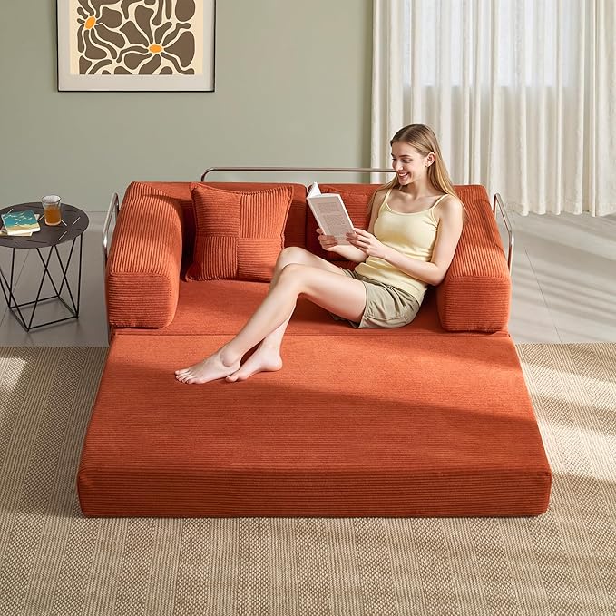 YINIX Sofa Bed 62'' Folding Floor Couch Compressed Convertable Sleeper Sofa Memory Foam Couch with Pillow Back Support Armrest 4-in-1 Futon Sofa Bed for Living Room Tangerine