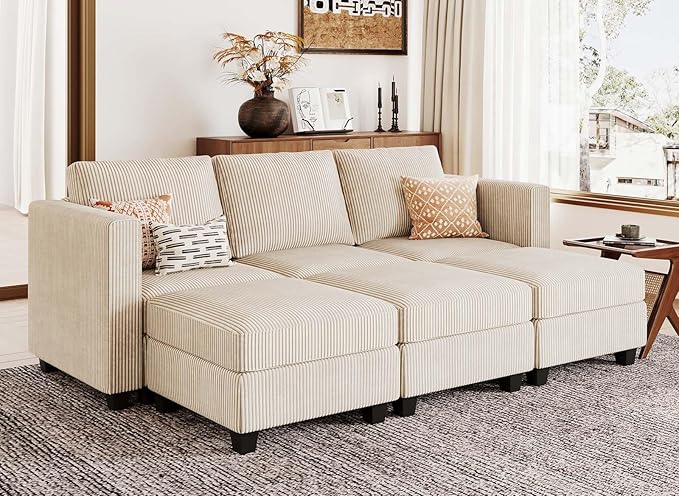 Belffin Corduroy Sectional Sleeper Sofa with Storage Ottoman Modular Luxury Sectional Sofa with Chaise Convertible Modern Sectional for Living Room Beige