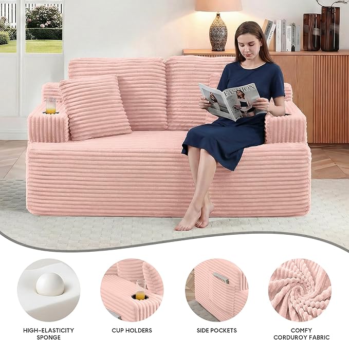 66.5'' Boneless Sofa Couch with Cup Holders &amp Side Pockets Modern Corduroy Fabric Upholstered Loveseat Couch with 2 Throw Pillows for Living Room Office No Assembly (Pink)